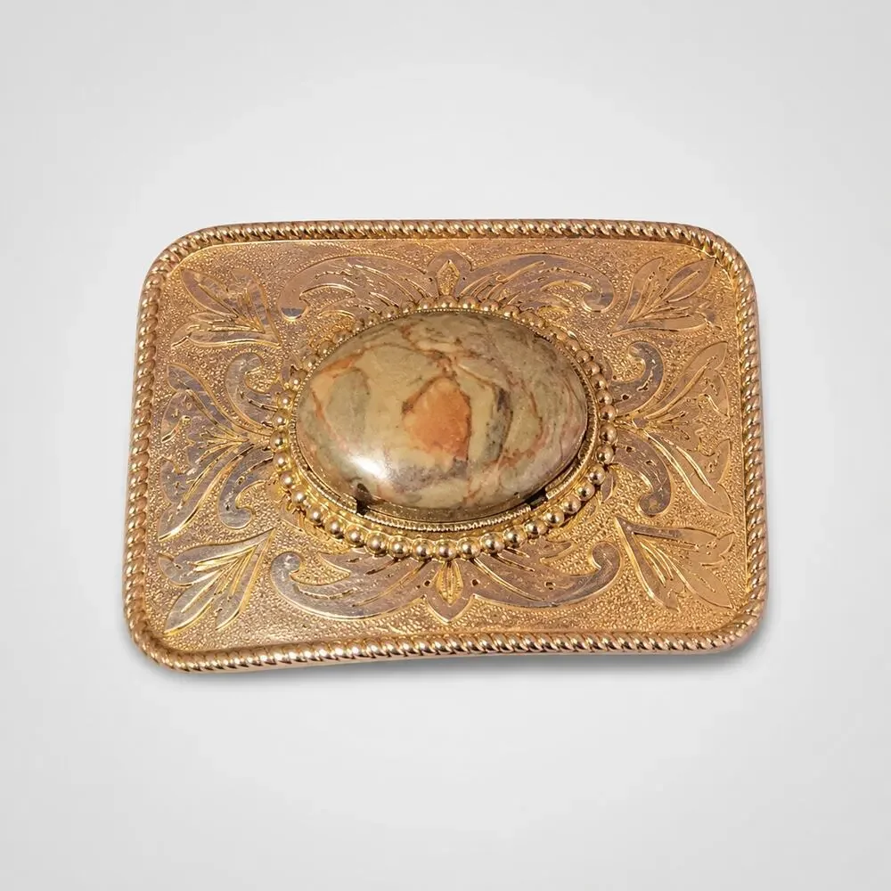 Vintage Brassy Silver-tone Large Belt Buckle‎ Agate 3.75